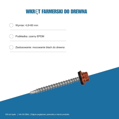 Wkręty farmerskie do blachy 4,8x60 mm do drewna – 100 szt., kolor do wyboru